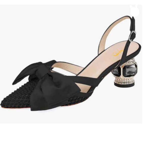 XYD Black Pointed Toe Slingback Wedding Pumps Bows Mesh Chunky Low Heel Sandals - Picture 1 of 8